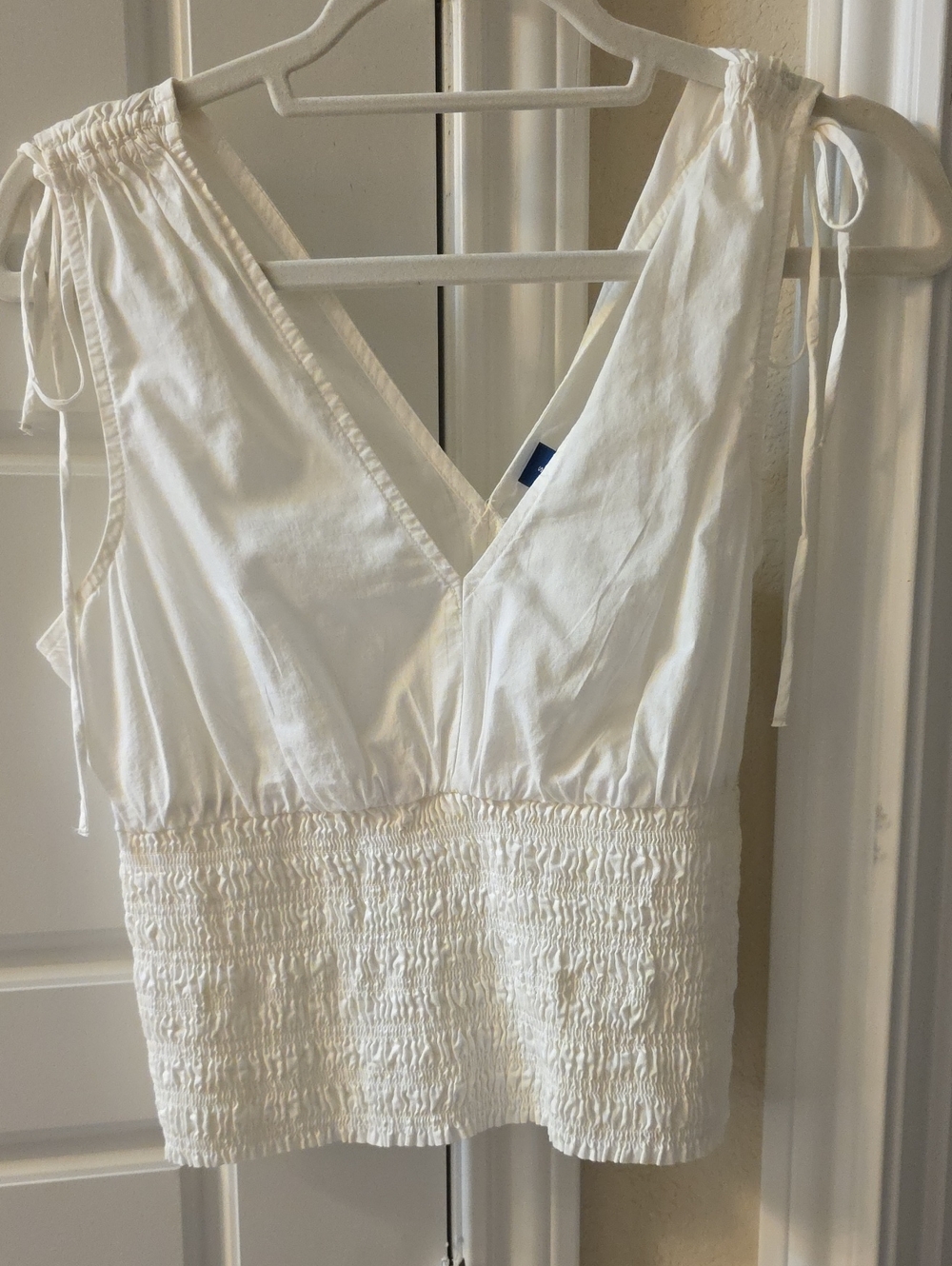 Old Navy White Smocked Waist V-Neck Tie Shoulder Tank